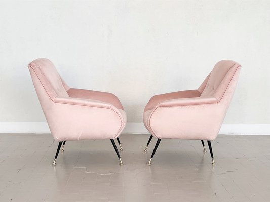 Mid-Century Italian Armchairs in Soft Pink Velvet with Brass Tips, 1950s, Set of 2-VNE-1264660