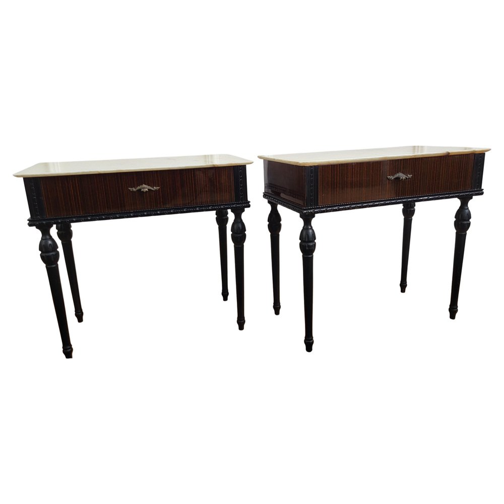 Mid-Century Italian Art Deco Brass Marble Nightstands Bedside End Tables, Set of 2