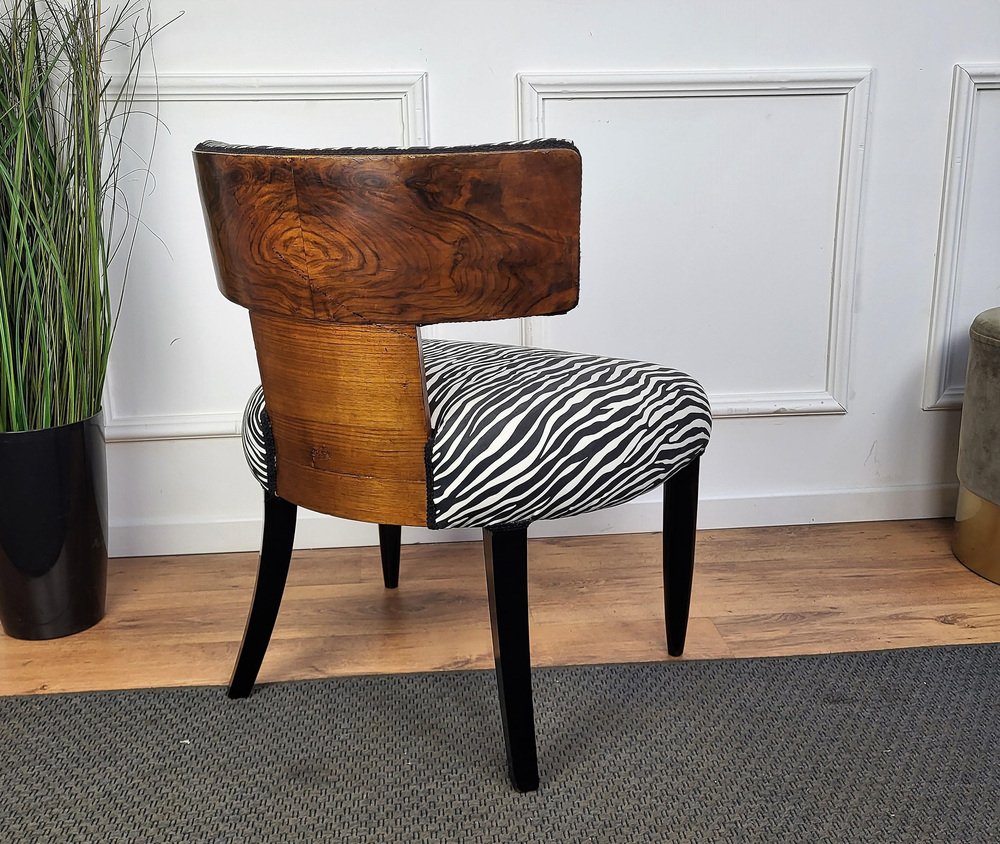 Mid-Century Italian Art Deco Briar Walnut Animalier Zebra Upholstered Chair, 1940s