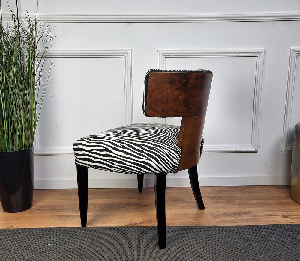 Mid-Century Italian Art Deco Briar Walnut Animalier Zebra Upholstered Chair, 1940s