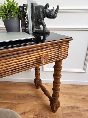 Mid-Century Italian Art Deco Style Walnut, Brass & Glass Top Desk, 1960s-EUP-1341107