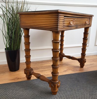 Mid-Century Italian Art Deco Style Walnut, Brass & Glass Top Desk, 1960s-EUP-1341107