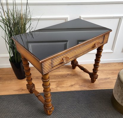 Mid-Century Italian Art Deco Style Walnut, Brass & Glass Top Desk, 1960s-EUP-1341107