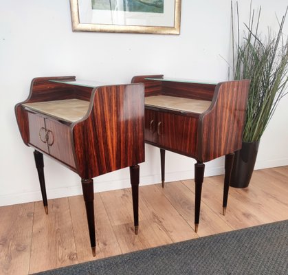 Mid Century Italian Art Deco Wood Brass and Glass Nightstands Bedside Tables, Set of 2-EUP-1073600