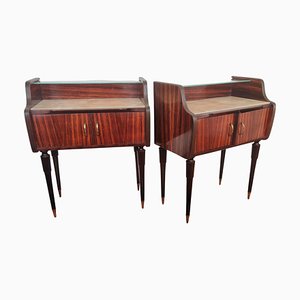 Mid Century Italian Art Deco Wood Brass and Glass Nightstands Bedside Tables, Set of 2-EUP-1073600