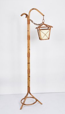 Mid-Century Italian Bamboo and Rattan Floor Lamp with Tripod Base, 1950s-JDR-1125443