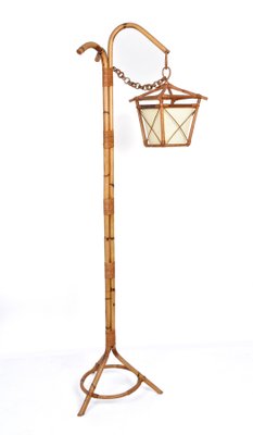 Mid-Century Italian Bamboo and Rattan Floor Lamp with Tripod Base, 1950s-JDR-1125443