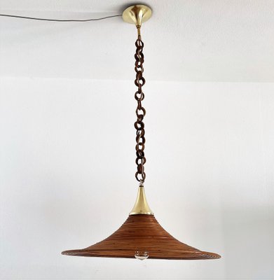 Mid-Century Italian Bamboo Rattan and Brass Pendant Lamp, 1970s-VNE-1189072