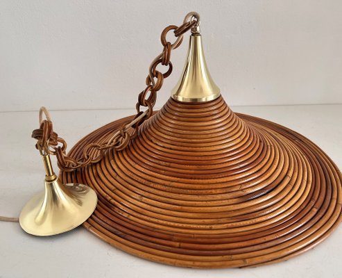 Mid-Century Italian Bamboo Rattan and Brass Pendant Lamp, 1970s-VNE-1189072