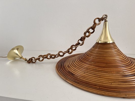 Mid-Century Italian Bamboo Rattan and Brass Pendant Lamp, 1970s-VNE-1189072