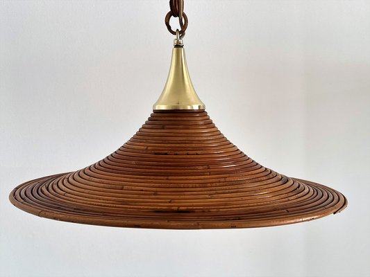 Mid-Century Italian Bamboo Rattan and Brass Pendant Lamp, 1970s-VNE-1189072