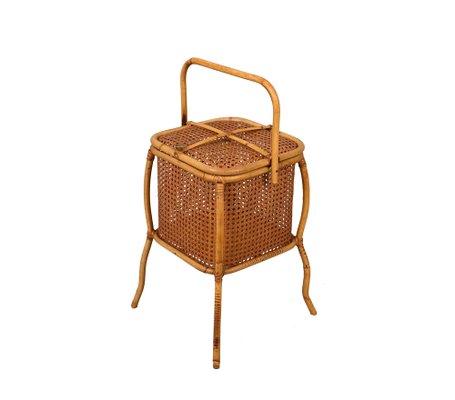 Mid-Century Italian Bamboo, Wicker and Vienna Straw Cubic Magazine Basket, 1960s-JDR-1257979