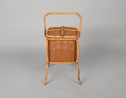 Mid-Century Italian Bamboo, Wicker and Vienna Straw Cubic Magazine Basket, 1960s-JDR-1257979