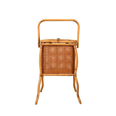 Mid-Century Italian Bamboo, Wicker and Vienna Straw Cubic Magazine Basket, 1960s-JDR-1257979