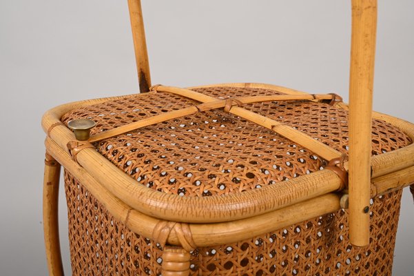 Mid-Century Italian Bamboo, Wicker and Vienna Straw Cubic Magazine Basket, 1960s-JDR-1257979