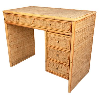 Mid-Century Italian Bamboo, Wicker & Rattan Desk Table with Drawers, 1970s-LYQ-1372765