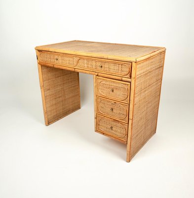 Mid-Century Italian Bamboo, Wicker & Rattan Desk Table with Drawers, 1970s-LYQ-1372765