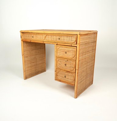 Mid-Century Italian Bamboo, Wicker & Rattan Desk Table with Drawers, 1970s-LYQ-1372765