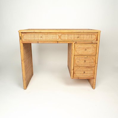 Mid-Century Italian Bamboo, Wicker & Rattan Desk Table with Drawers, 1970s-LYQ-1372765