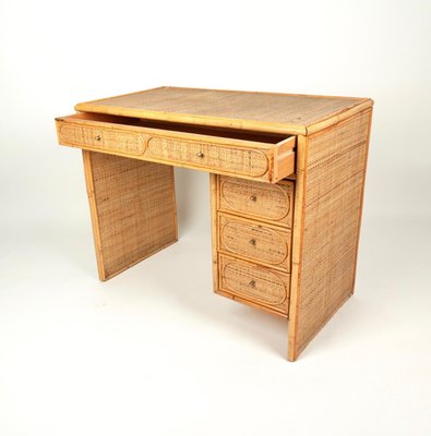 Mid-Century Italian Bamboo, Wicker & Rattan Desk Table with Drawers, 1970s-LYQ-1372765