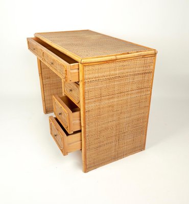 Mid-Century Italian Bamboo, Wicker & Rattan Desk Table with Drawers, 1970s-LYQ-1372765