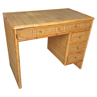 Mid-Century Italian Bamboo, Wicker & Rattan Desk Table with Drawers, 1970s-LYQ-1372765