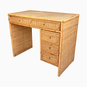 Mid-Century Italian Bamboo, Wicker & Rattan Desk Table with Drawers, 1970s-LYQ-1372765