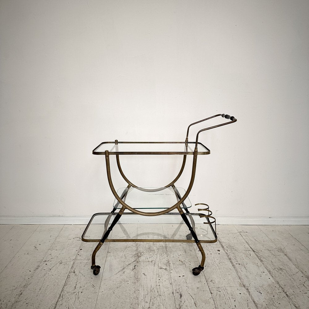 Mid-Century Italian Bar Trolley in Brass and Black Wood by Cesare Lacca, 1950