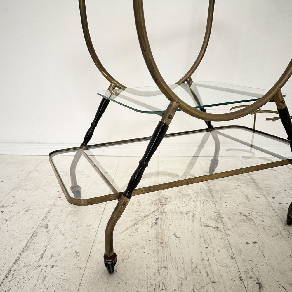 Mid-Century Italian Bar Trolley in Brass and Black Wood by Cesare Lacca, 1950