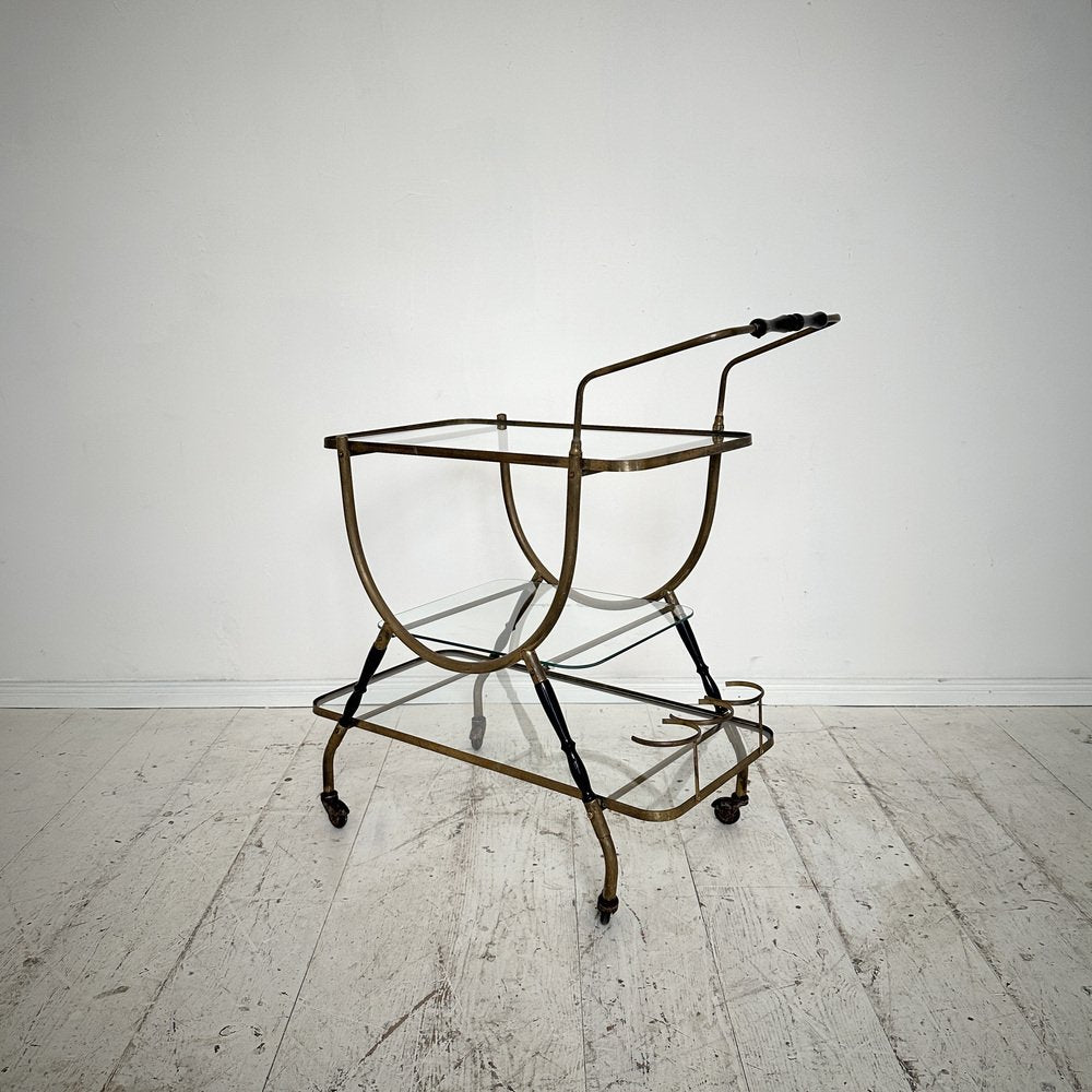 Mid-Century Italian Bar Trolley in Brass and Black Wood by Cesare Lacca, 1950