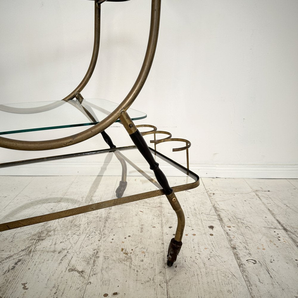 Mid-Century Italian Bar Trolley in Brass and Black Wood by Cesare Lacca, 1950