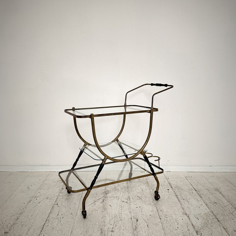 Mid-Century Italian Bar Trolley in Brass and Black Wood by Cesare Lacca, 1950