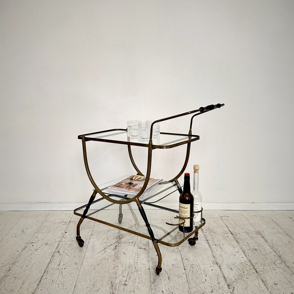 Mid-Century Italian Bar Trolley in Brass and Black Wood by Cesare Lacca, 1950