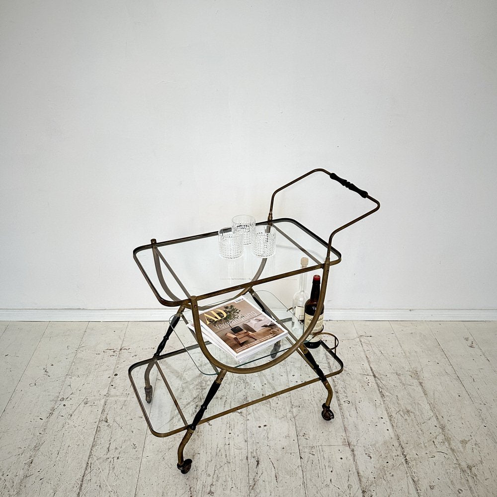 Mid-Century Italian Bar Trolley in Brass and Black Wood by Cesare Lacca, 1950