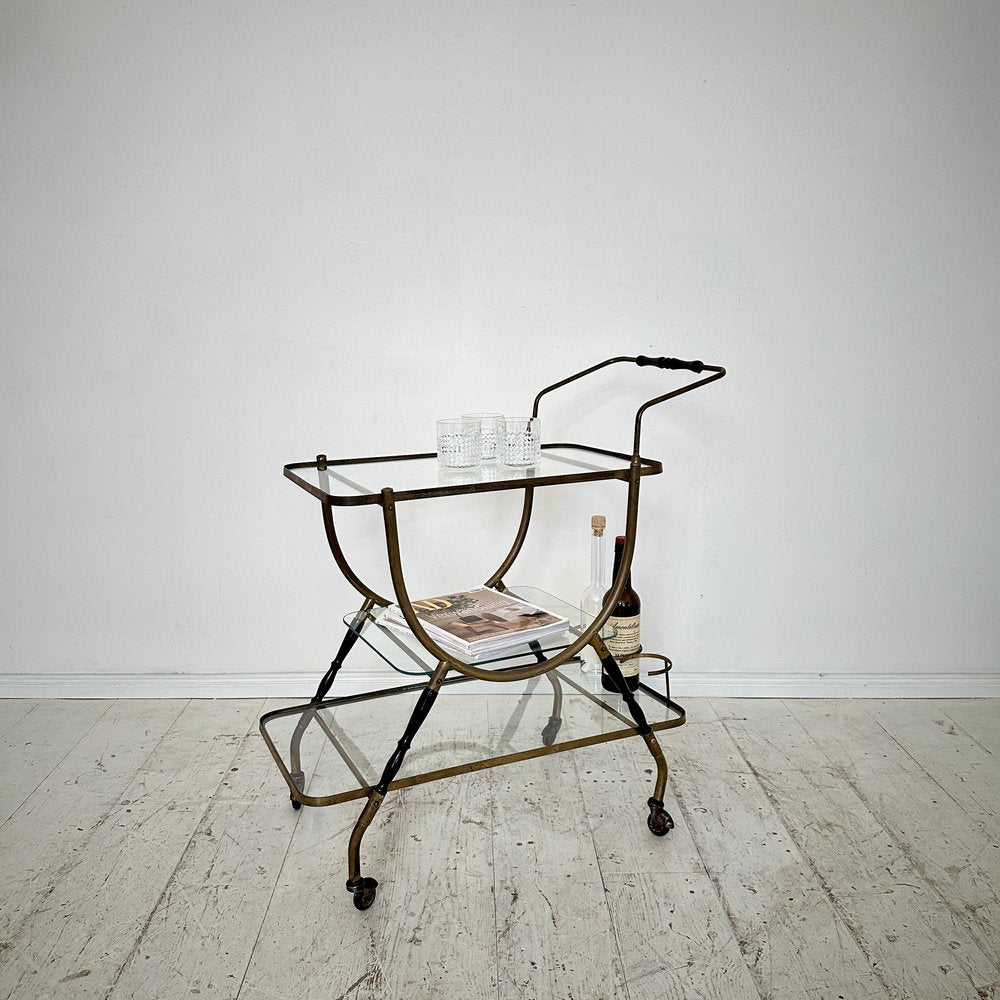 Mid-Century Italian Bar Trolley in Brass and Black Wood by Cesare Lacca, 1950