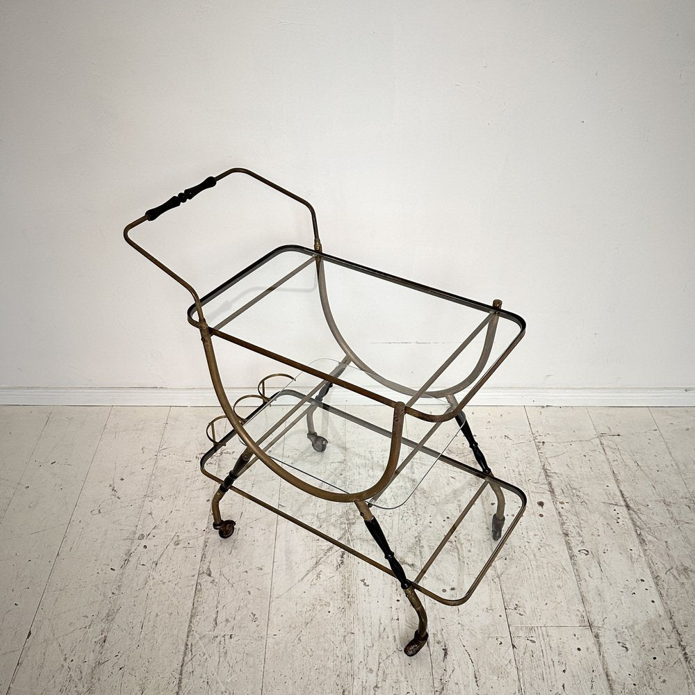 Mid-Century Italian Bar Trolley in Brass and Black Wood by Cesare Lacca, 1950