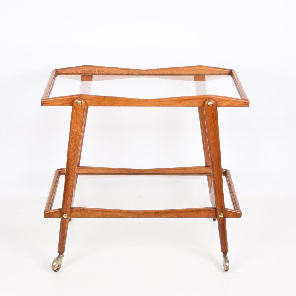 Mid-Century Italian Beech and Brass Serving Bar Cart by Cesare Lacca, Italy, 1950s