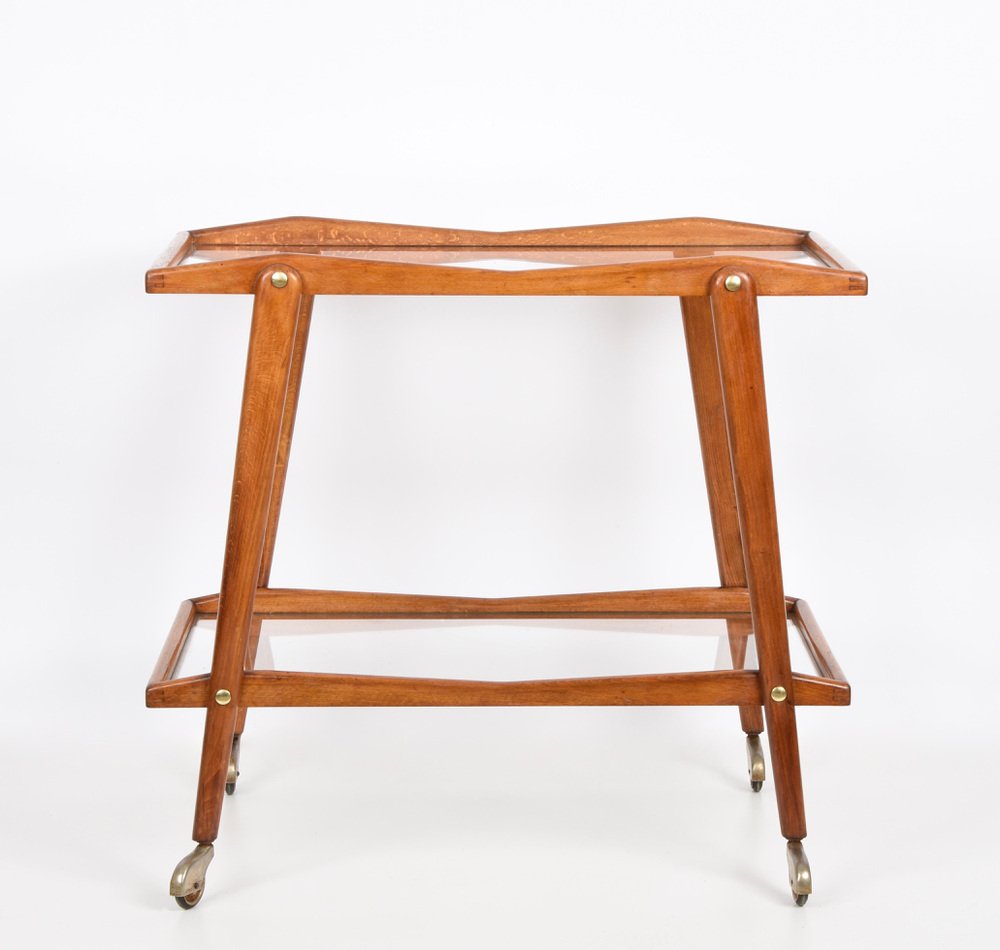 Mid-Century Italian Beech and Brass Serving Bar Cart by Cesare Lacca, Italy, 1950s