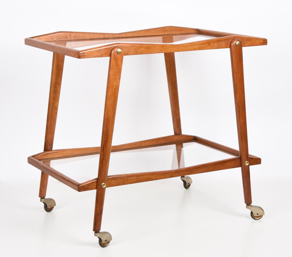 Mid-Century Italian Beech and Brass Serving Bar Cart by Cesare Lacca, Italy, 1950s