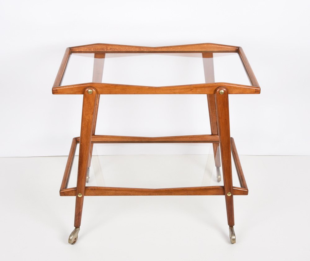 Mid-Century Italian Beech and Brass Serving Bar Cart by Cesare Lacca, Italy, 1950s