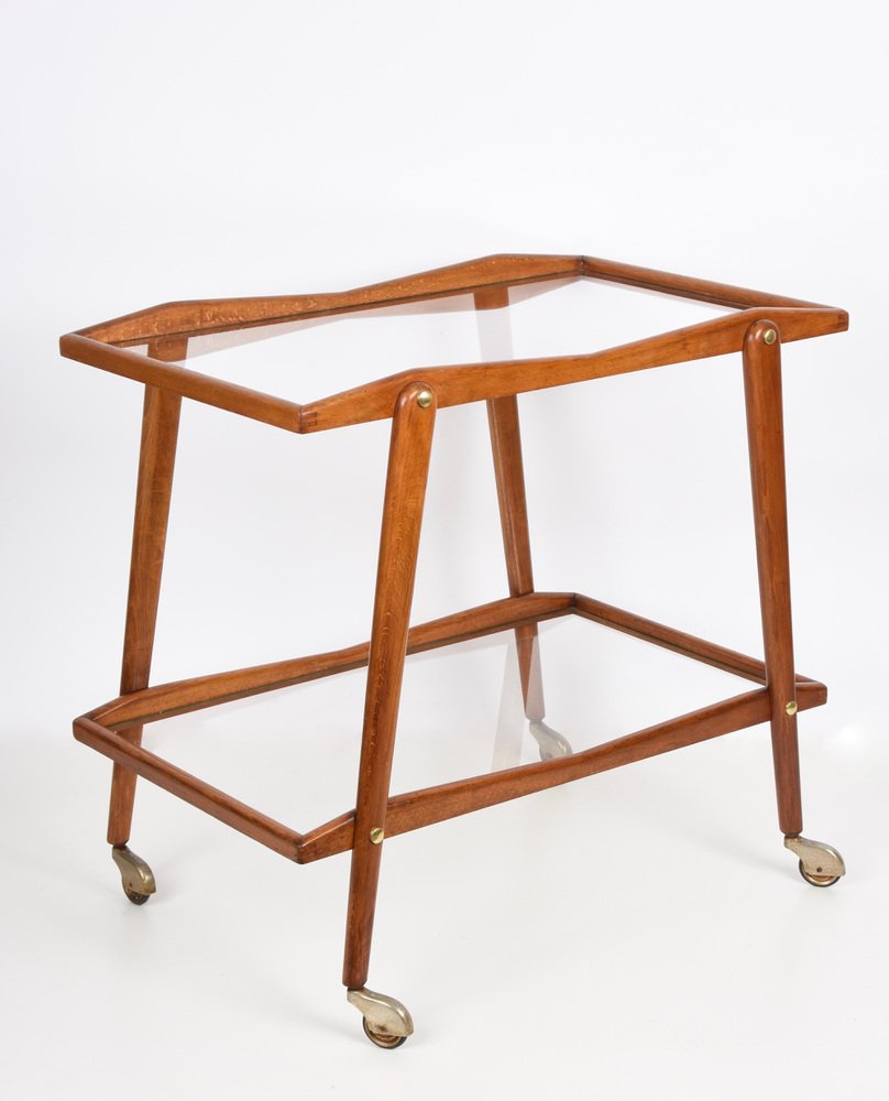 Mid-Century Italian Beech and Brass Serving Bar Cart by Cesare Lacca, Italy, 1950s