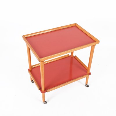 Mid-Century Italian Beech and Red Formica Two Tier Bar Cart, 1960s-JDR-1405875