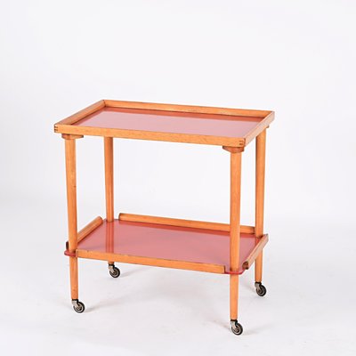 Mid-Century Italian Beech and Red Formica Two Tier Bar Cart, 1960s-JDR-1405875