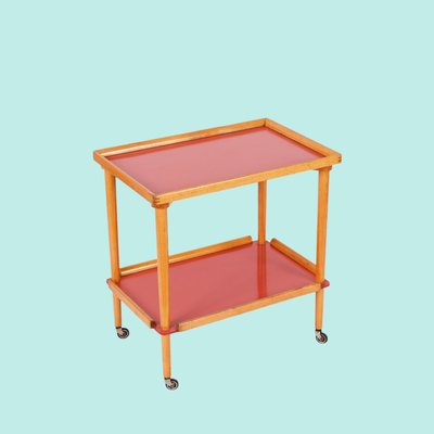 Mid-Century Italian Beech and Red Formica Two Tier Bar Cart, 1960s-JDR-1405875