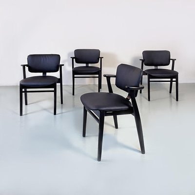 Mid-Century Italian Beech Matt Black Wood and Faux Leather Chairs, 1960s-GDD-1425981