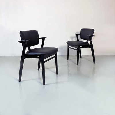 Mid-Century Italian Beech Matt Black Wood and Faux Leather Chairs, 1960s-GDD-1425981