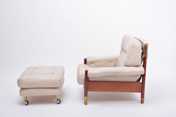 Mid-Century Italian Beige Leather and Rosewood Model Sella Lounge Chair and Ottoman Set by Carlo de Carli for Luigi Sormani, 1960s, Set of 2-FN-689384