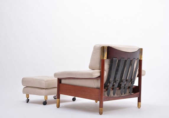 Mid-Century Italian Beige Leather and Rosewood Model Sella Lounge Chair and Ottoman Set by Carlo de Carli for Luigi Sormani, 1960s, Set of 2-FN-689384