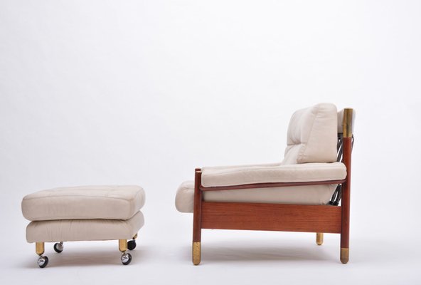 Mid-Century Italian Beige Leather and Rosewood Model Sella Lounge Chair and Ottoman Set by Carlo de Carli for Luigi Sormani, 1960s, Set of 2-FN-689384