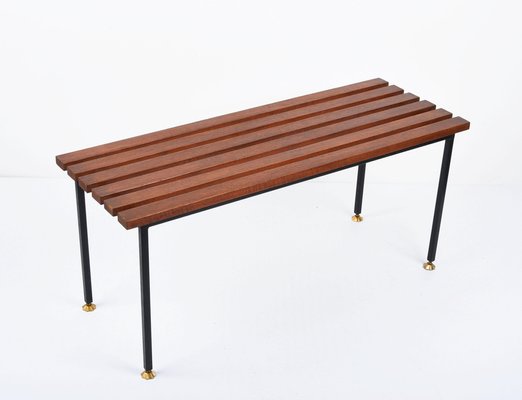 Mid-Century Italian Black Enameled Metal & Teak Bench with Brass Feet, 1960s-JDR-1125395